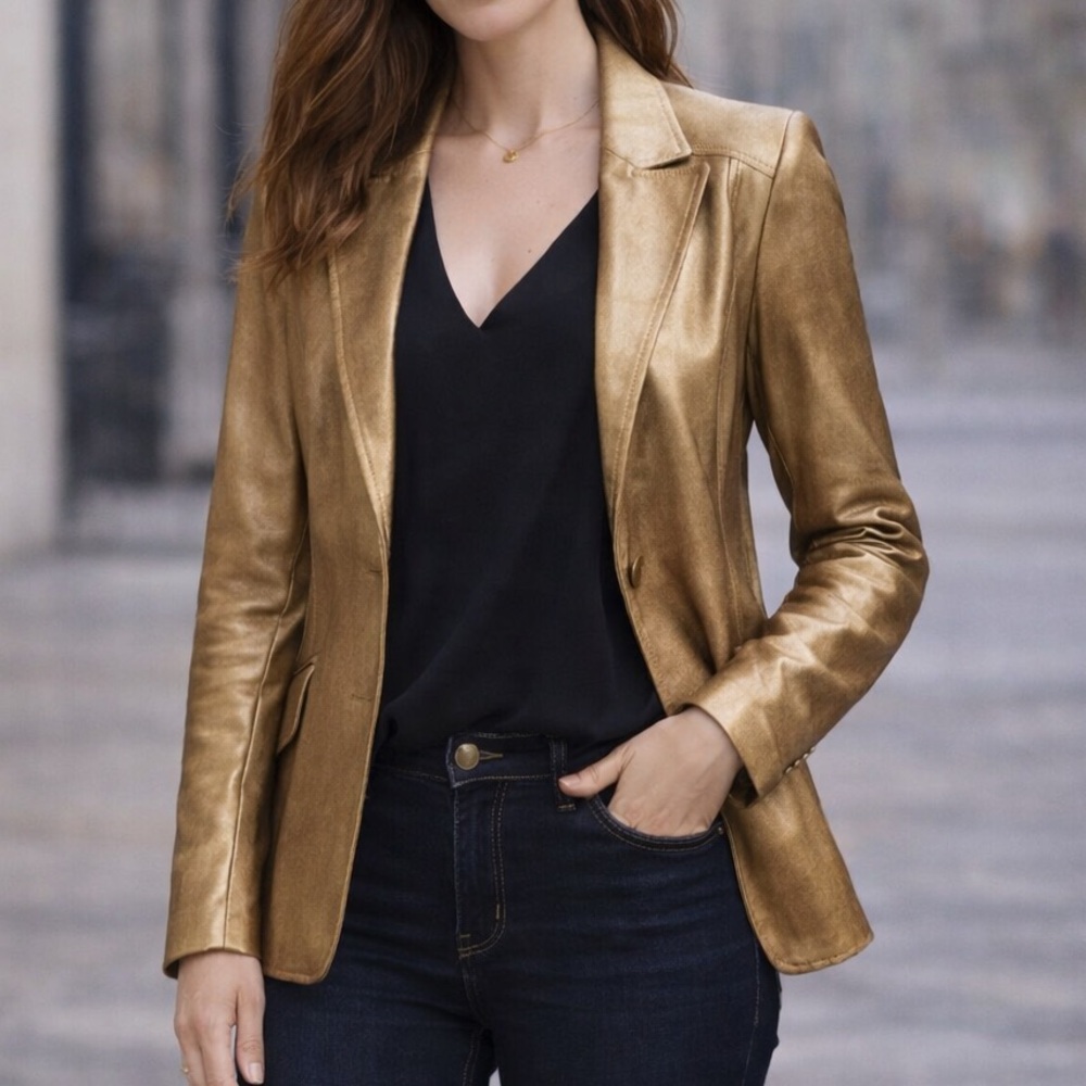 Vintage Gold Leather Jacket Blazer Size 12 US Metrostyle